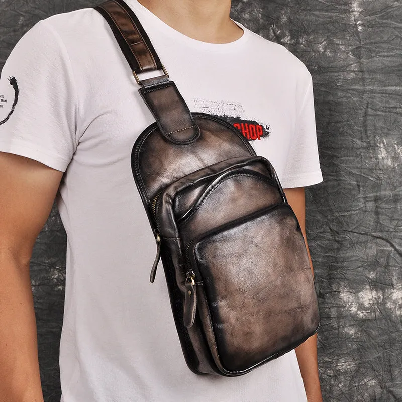 Blue Leather Chest Bag For Men Cool Leather Sling Bag Mens Sling Crossbody Backpack