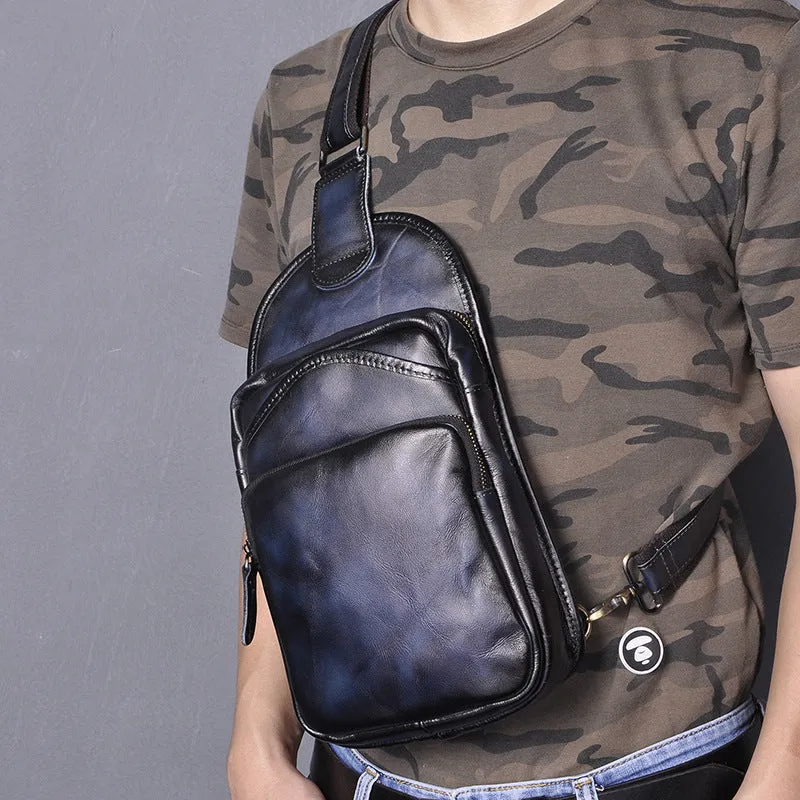 Blue Leather Chest Bag For Men Cool Leather Sling Bag Mens Sling Crossbody Backpack