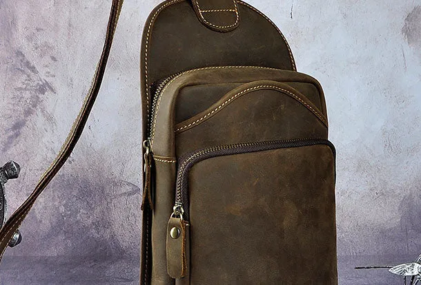 Blue Leather Chest Bag For Men Cool Leather Sling Bag Mens Sling Crossbody Backpack