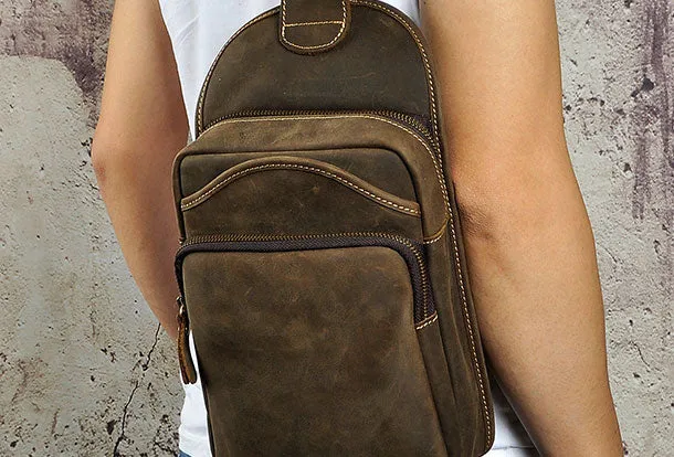 Blue Leather Chest Bag For Men Cool Leather Sling Bag Mens Sling Crossbody Backpack