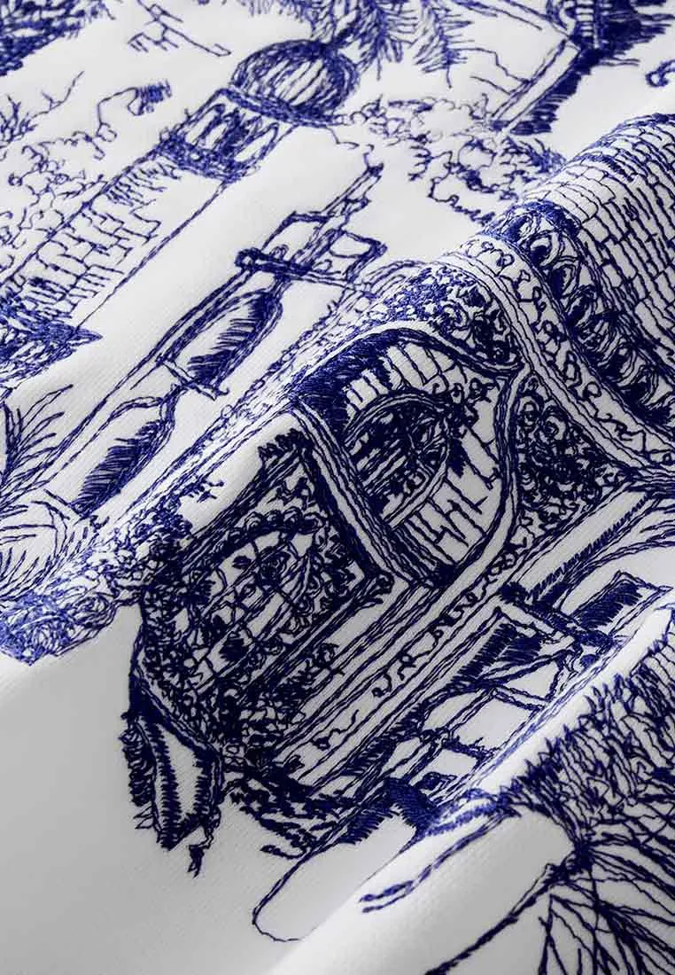 Blue Print Lineart White Mid-sleeves Sweatshirt