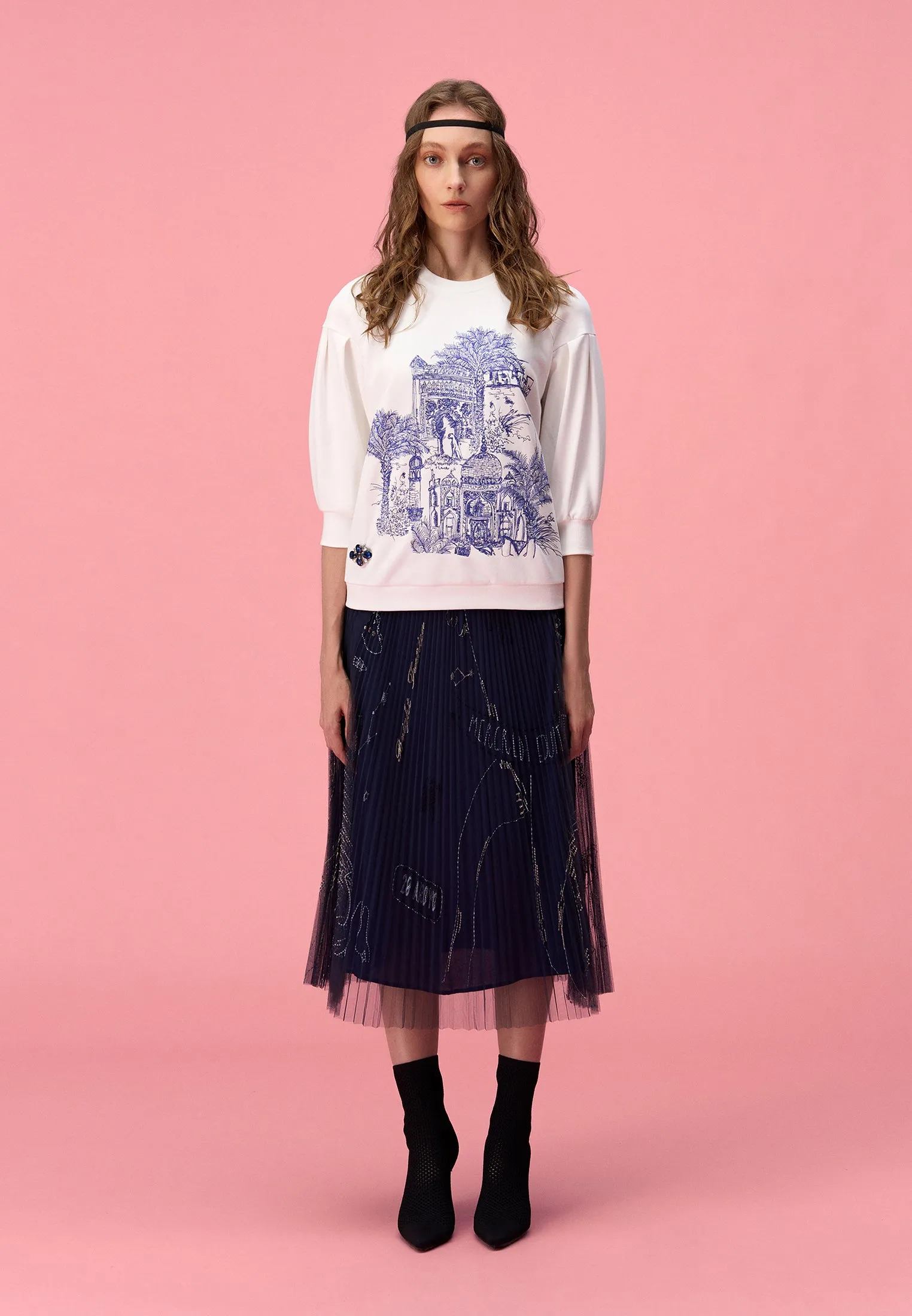 Blue Print Lineart White Mid-sleeves Sweatshirt