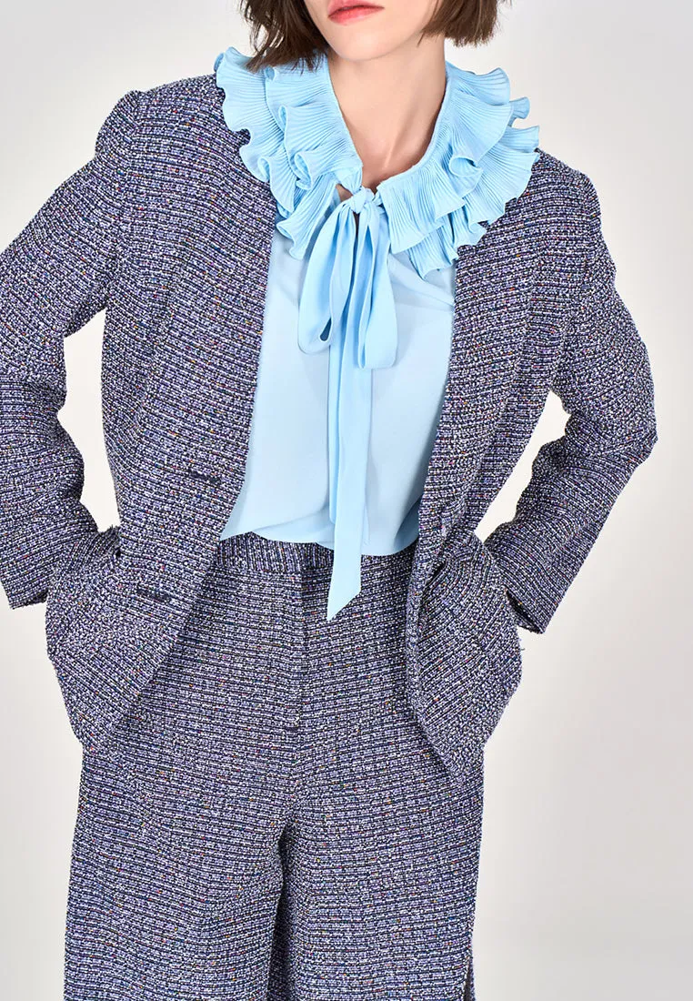 Blue Ruffled Pussy Bow Blouse
