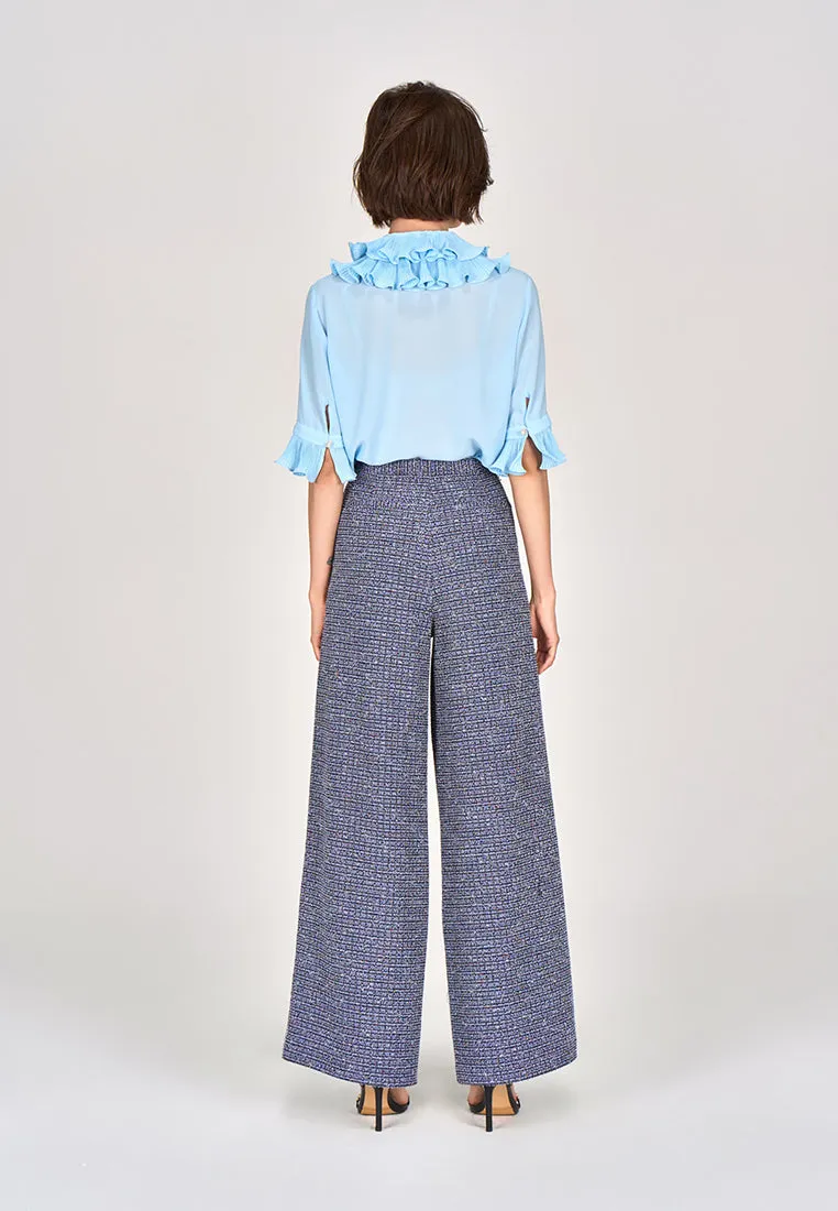 Blue Ruffled Pussy Bow Blouse