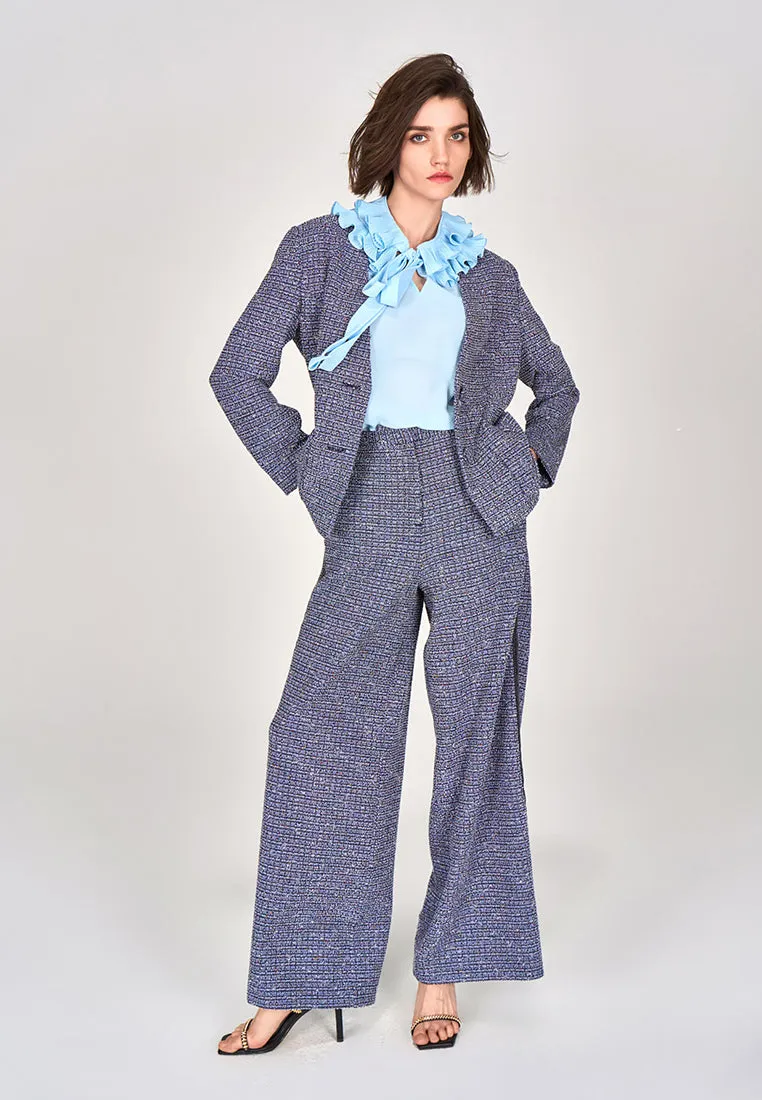 Blue Ruffled Pussy Bow Blouse