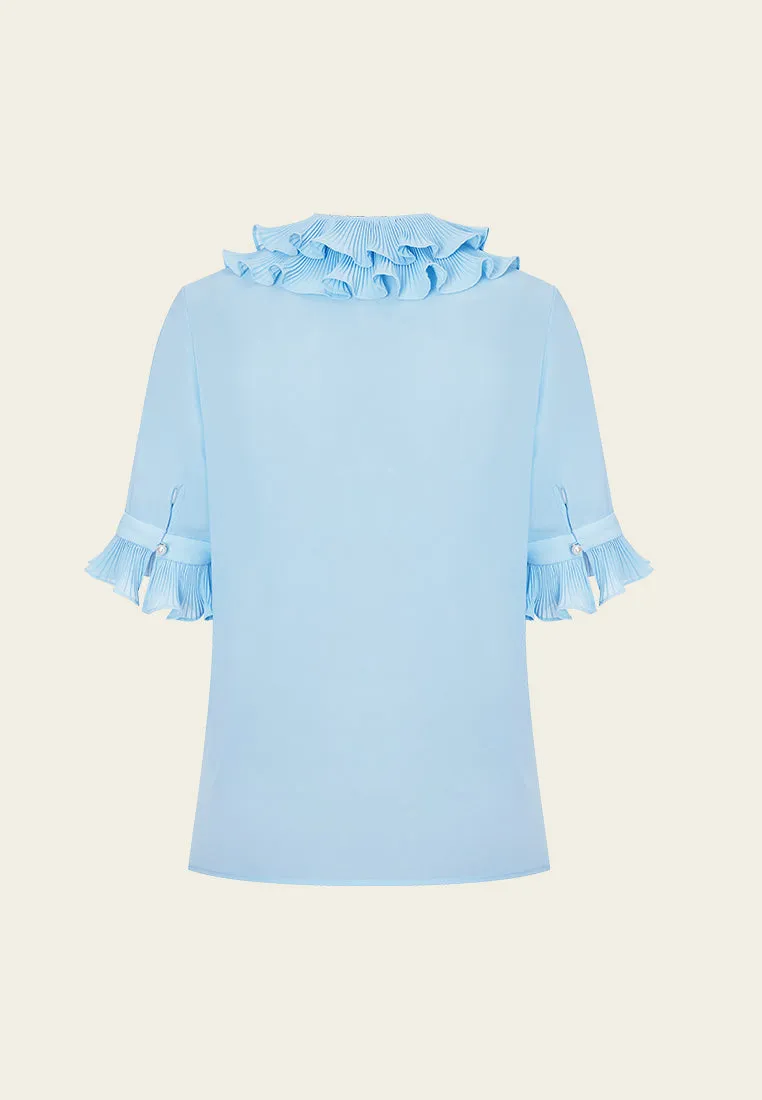 Blue Ruffled Pussy Bow Blouse