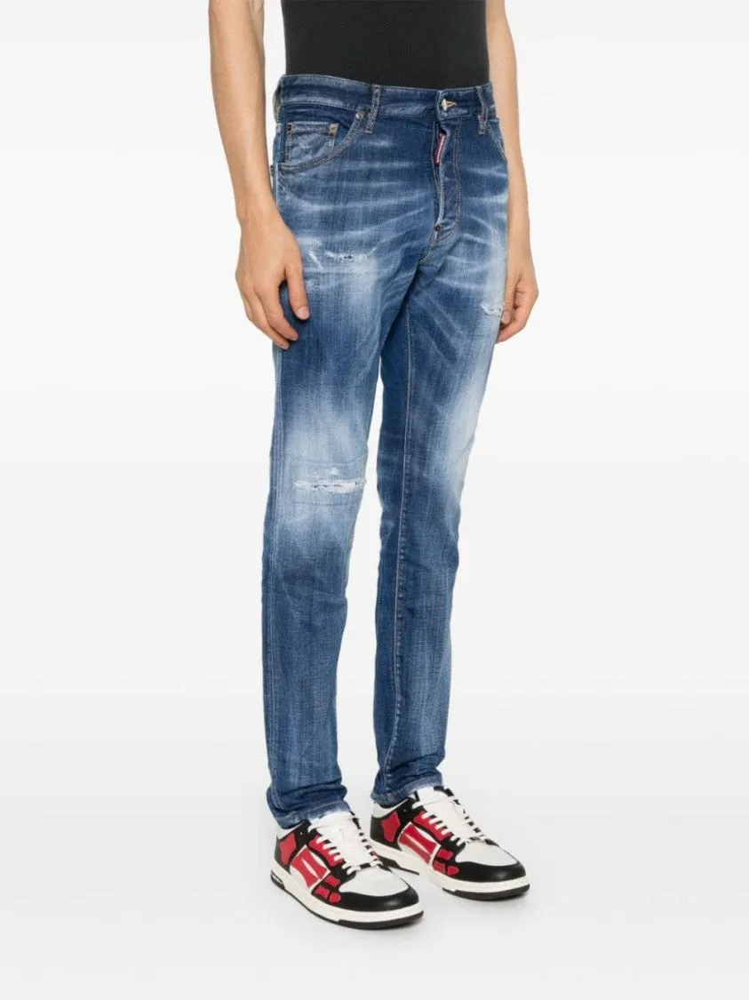 Blue Slim-Fit Denim Trousers With Distressed Detailing