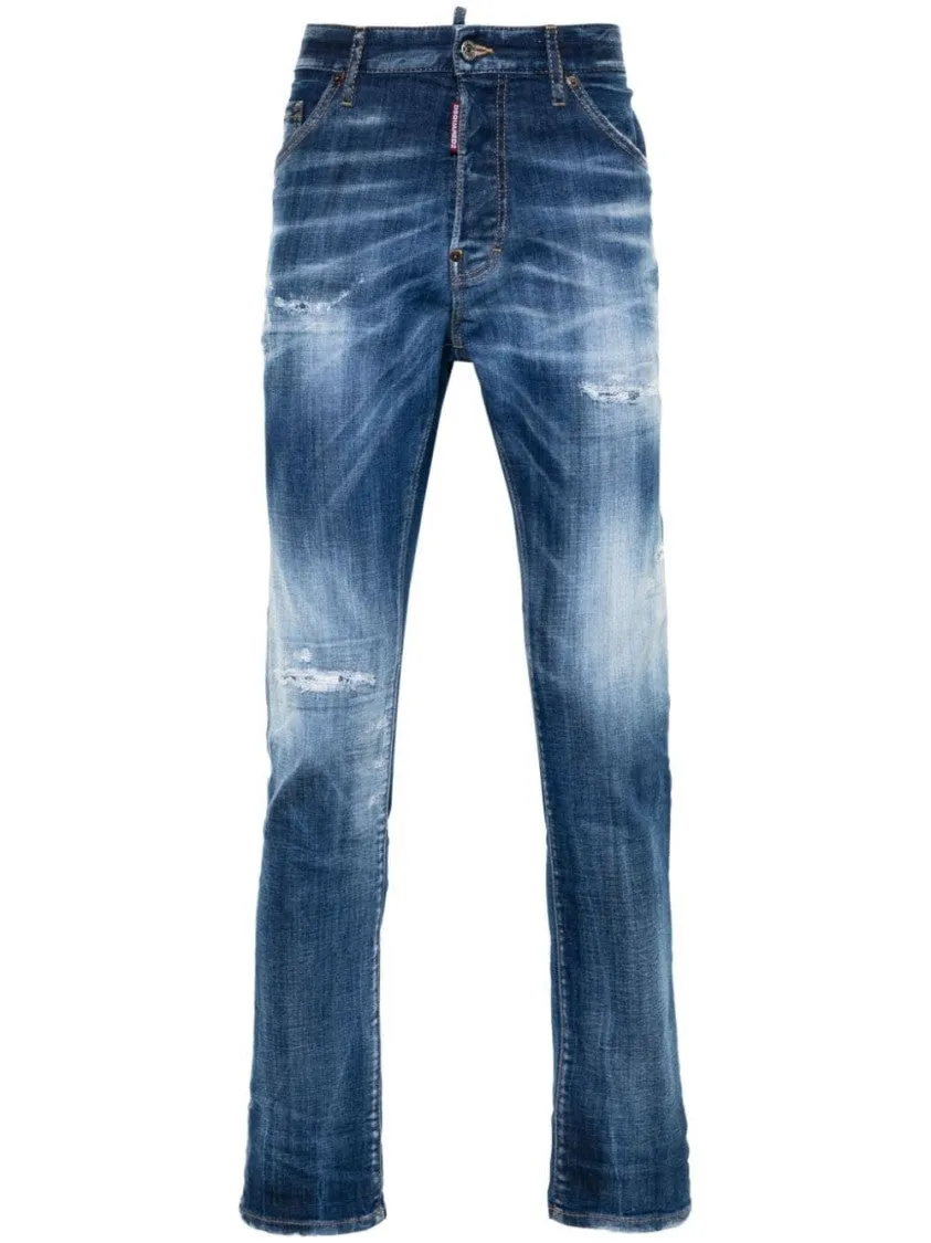 Blue Slim-Fit Denim Trousers With Distressed Detailing