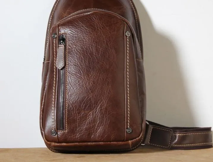 Brown Leather Mens Cool Sling Backpack Chest Bag Sling Bag Crossbody Pack for men