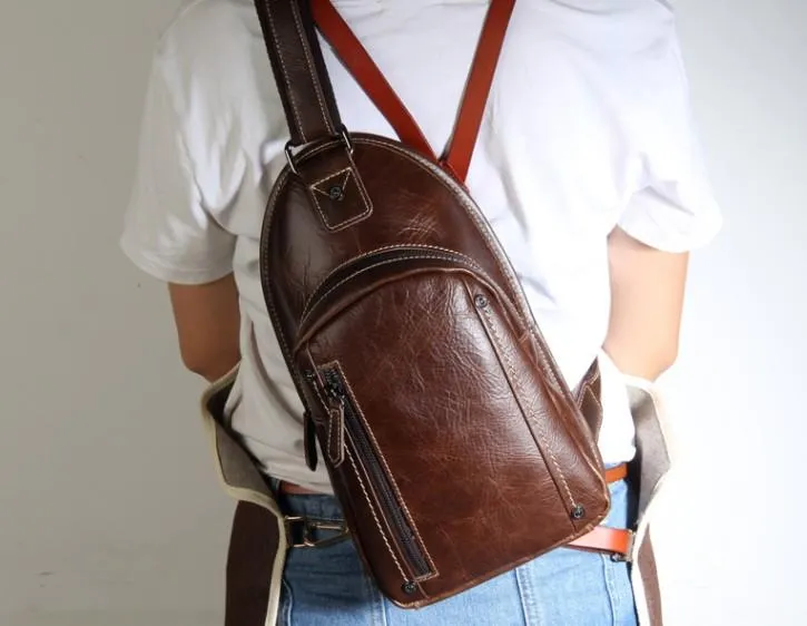 Brown Leather Mens Cool Sling Backpack Chest Bag Sling Bag Crossbody Pack for men