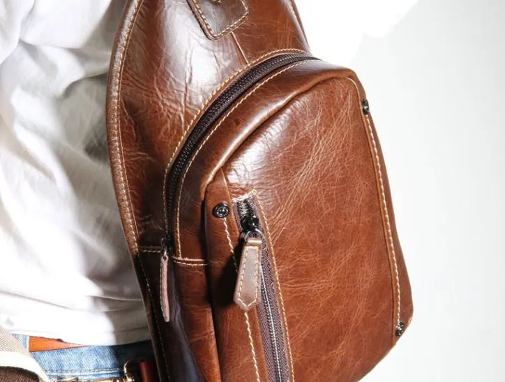 Brown Leather Mens Cool Sling Backpack Chest Bag Sling Bag Crossbody Pack for men