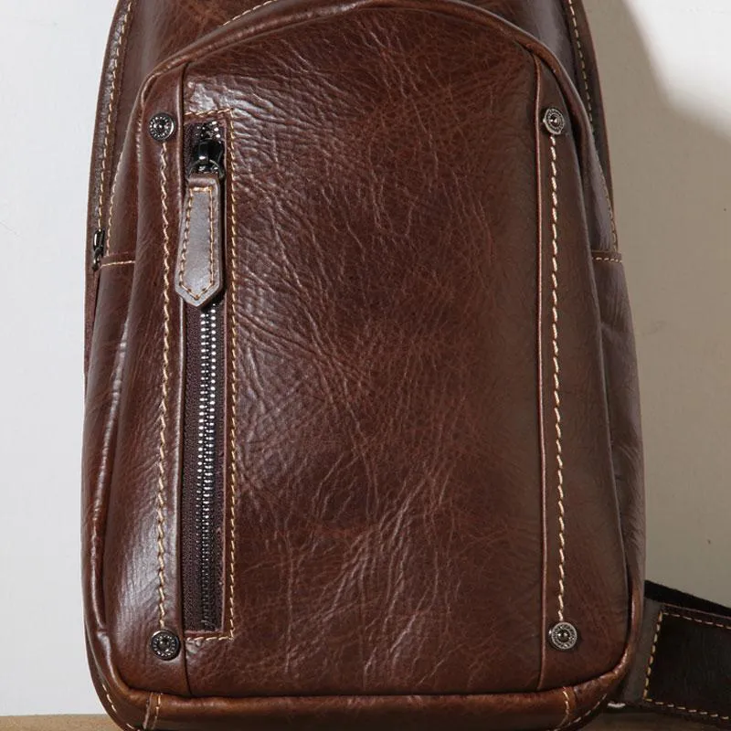Brown Leather Mens Cool Sling Backpack Chest Bag Sling Bag Crossbody Pack for men