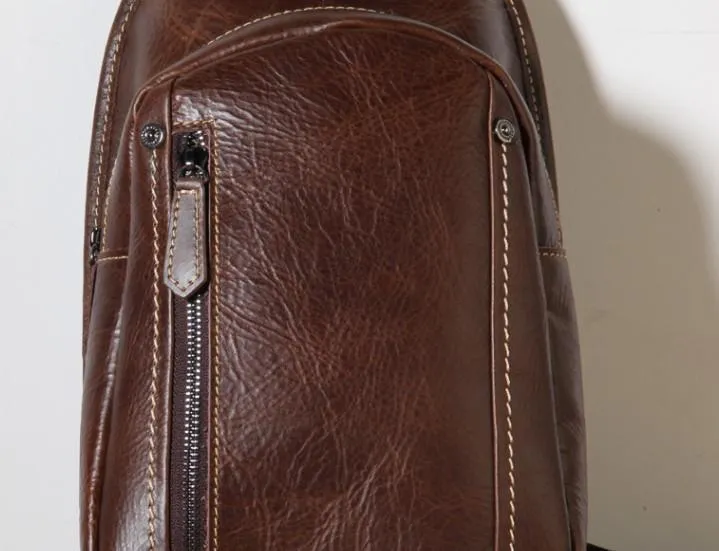 Brown Leather Mens Cool Sling Backpack Chest Bag Sling Bag Crossbody Pack for men