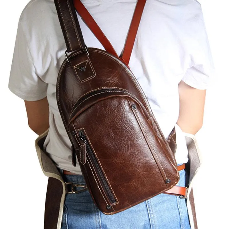 Brown Leather Mens Cool Sling Backpack Chest Bag Sling Bag Crossbody Pack for men
