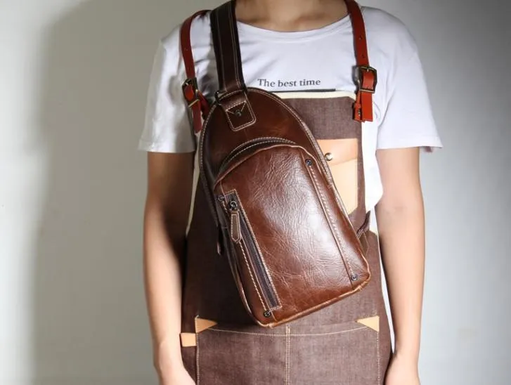 Brown Leather Mens Cool Sling Backpack Chest Bag Sling Bag Crossbody Pack for men