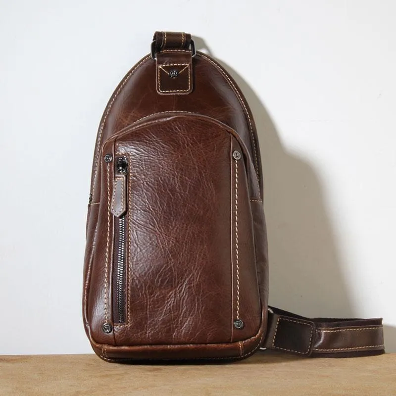 Brown Leather Mens Cool Sling Backpack Chest Bag Sling Bag Crossbody Pack for men