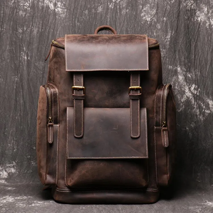 Brown Mens Leather 15 inches Large School Laptop Backpack Brown Travel Backpacks for Men