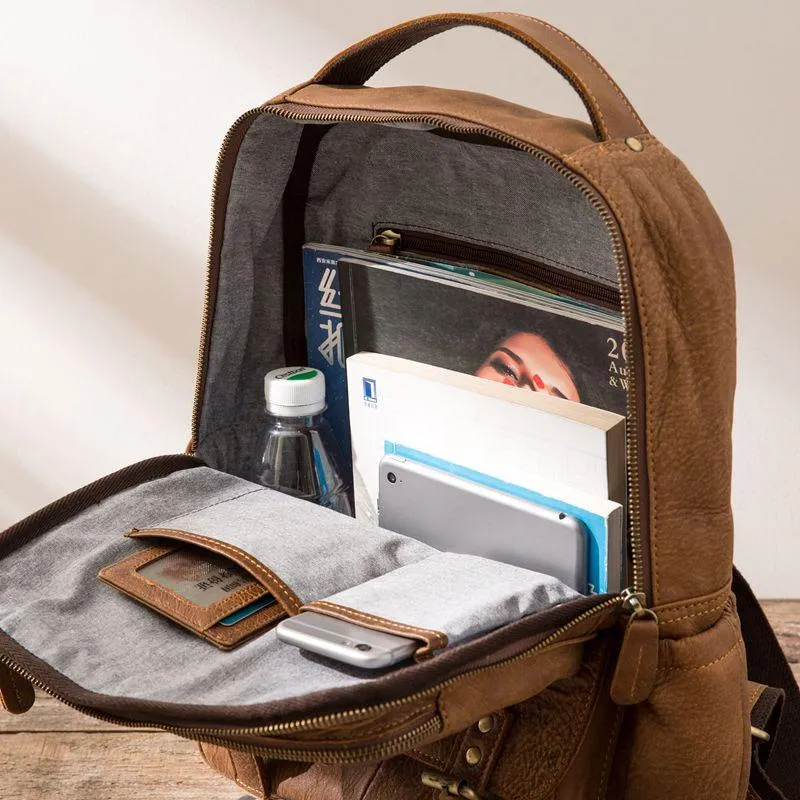 Brown Mens Leather Backpacks Travel Backpacks Laptop Backpack for men