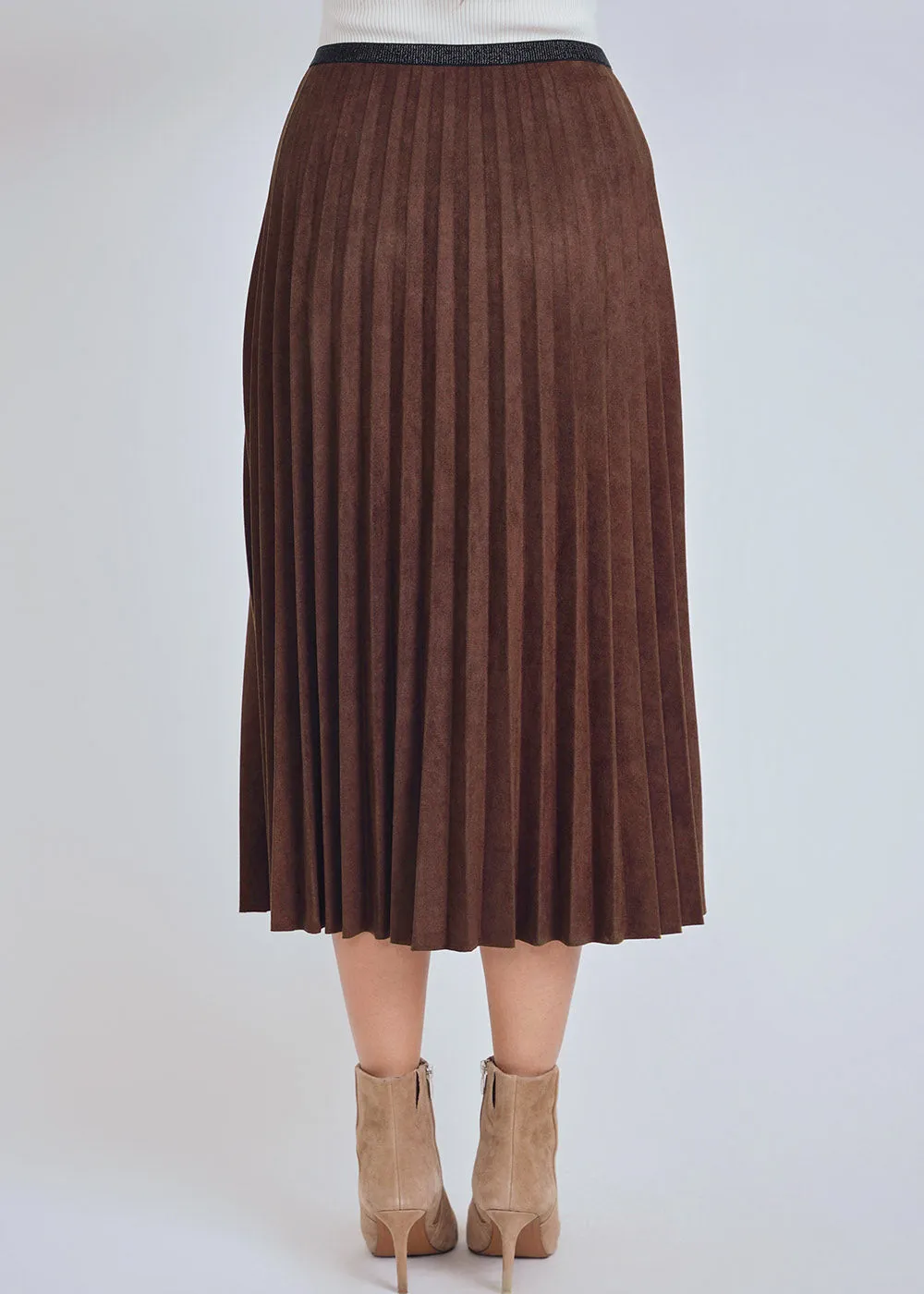 Brown Pleated Suede Midi Skirt