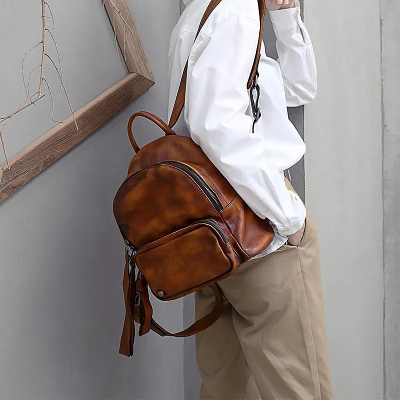 Brown Small Leather Backpack for Women Brown Leather Backpack Leather Rucksack Backpack