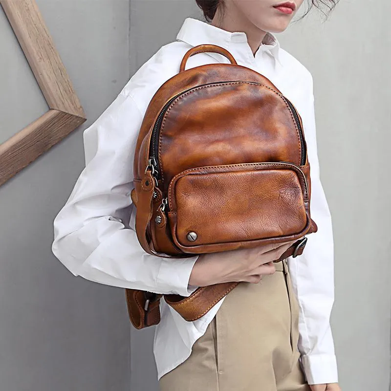 Brown Small Leather Backpack for Women Brown Leather Backpack Leather Rucksack Backpack