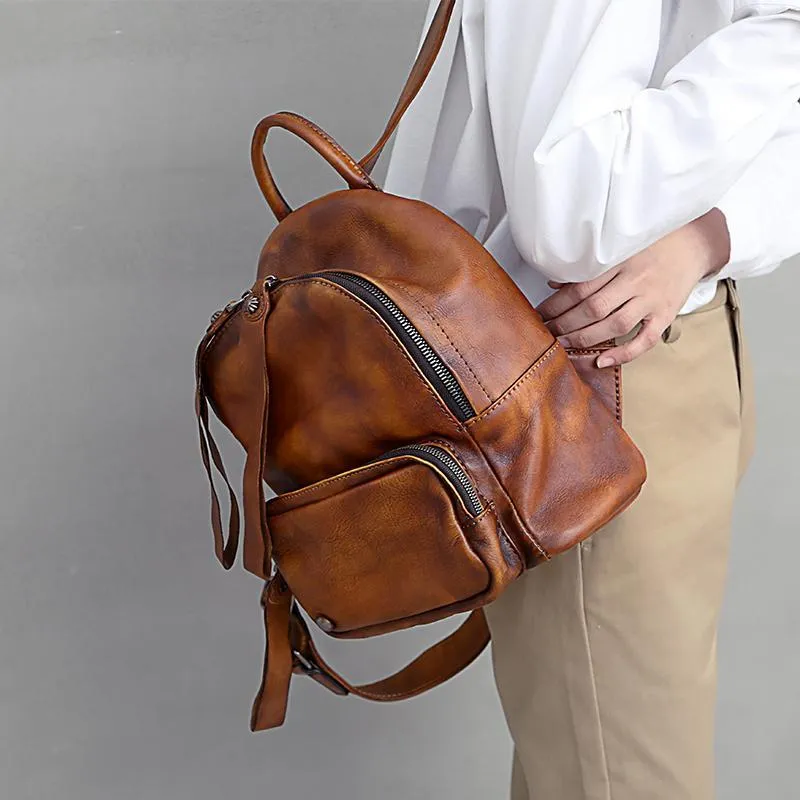 Brown Small Leather Backpack for Women Brown Leather Backpack Leather Rucksack Backpack