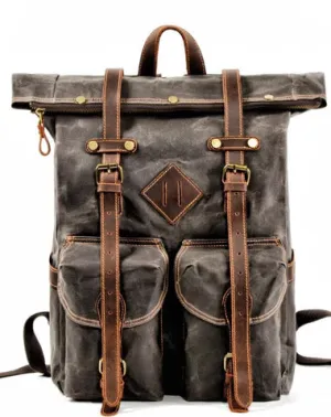 Brown Waxed Canvas Mens Waterproof Large 15'' Hiking Backpack Travel Backpack Computer Backpack for Men