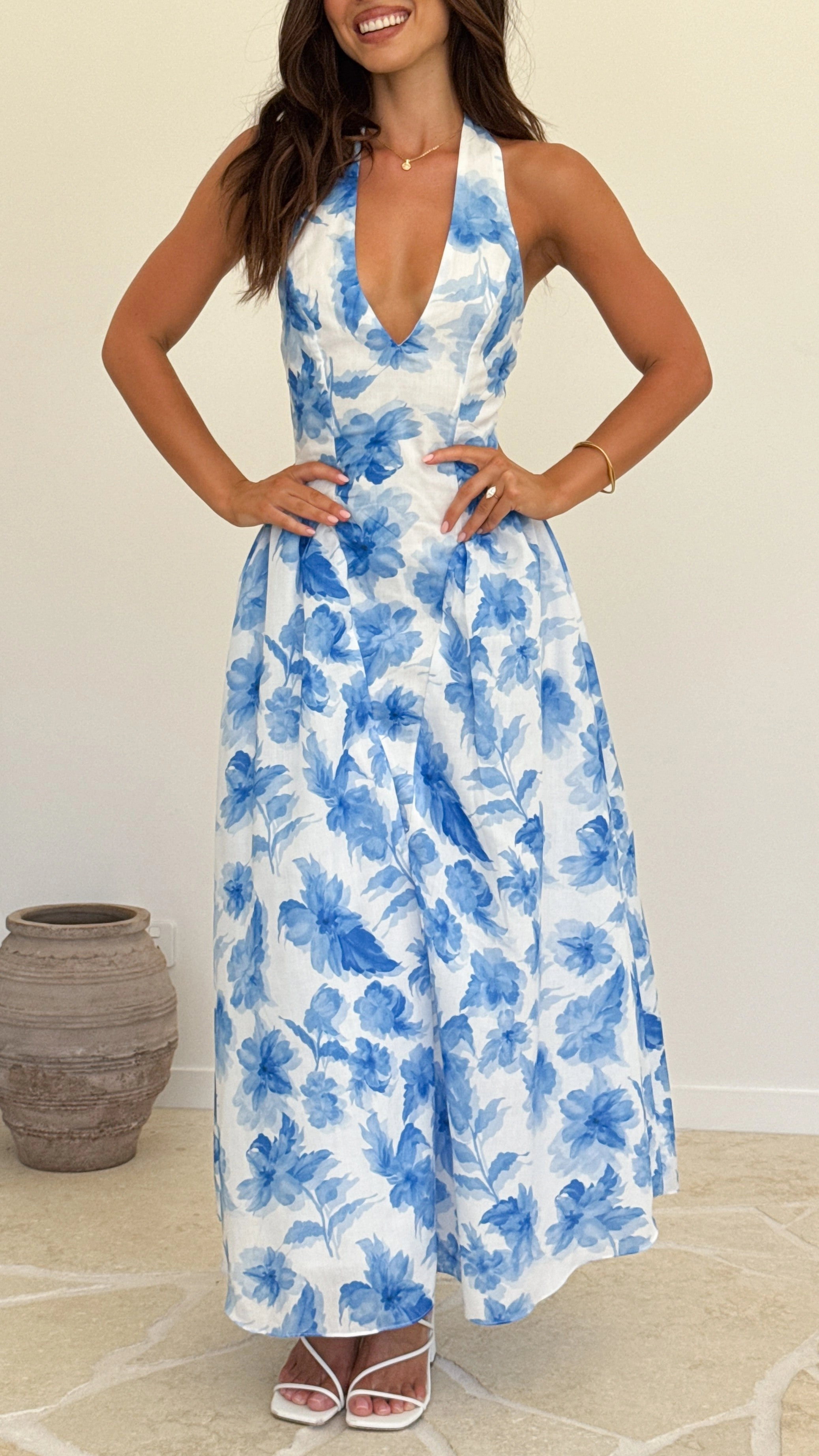 Bryony Halter Neck Maxi Dress - Blue Floral