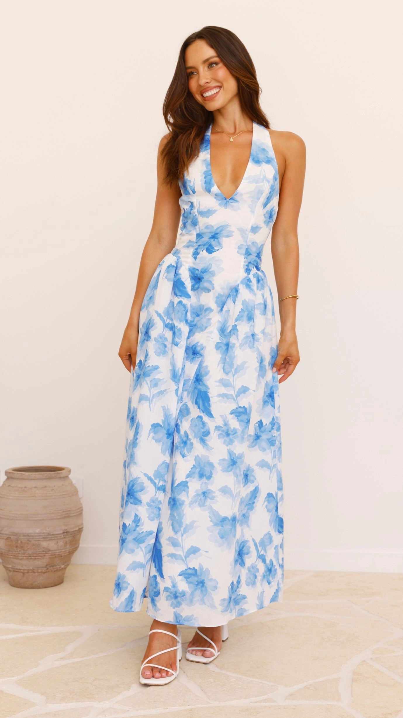 Bryony Halter Neck Maxi Dress - Blue Floral