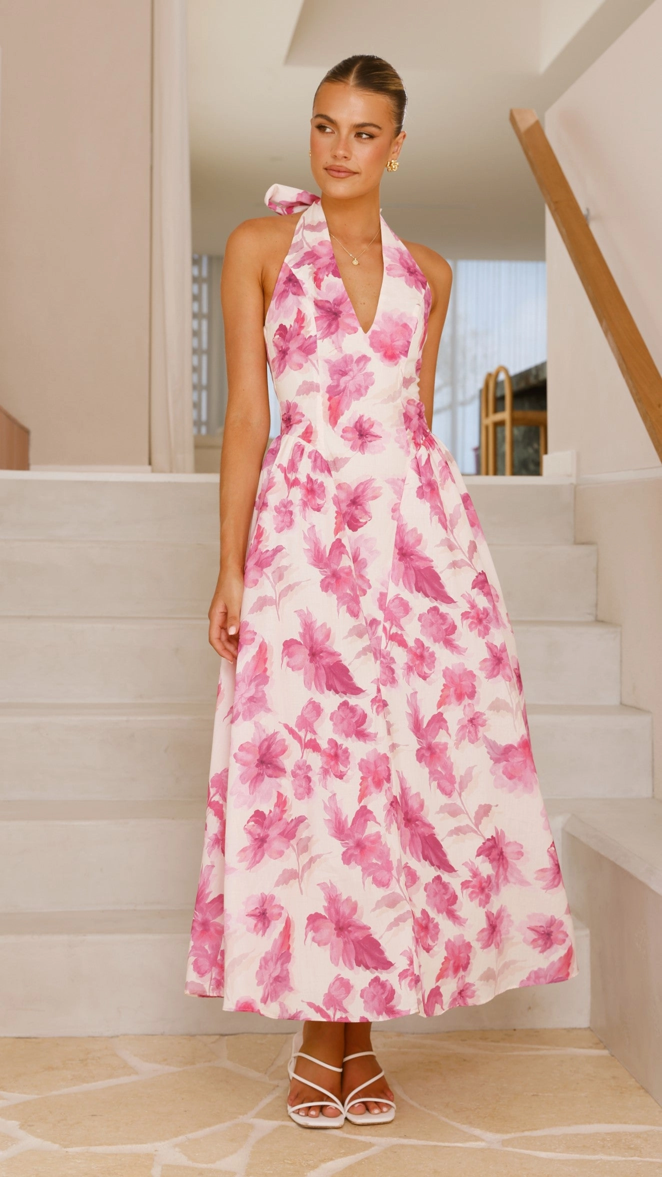 Bryony Halter Neck Maxi Dress - Pink Floral