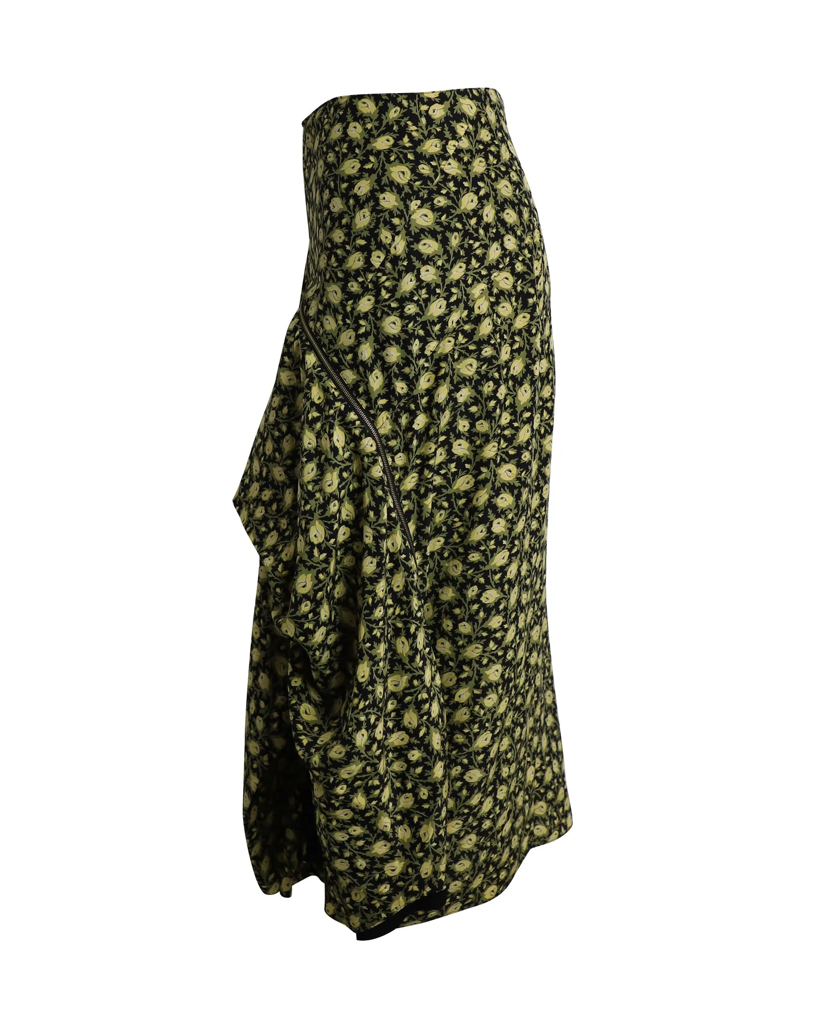 Burberry Zip-detailed Draped Floral Midi Skirt in Yellow and Green Silk