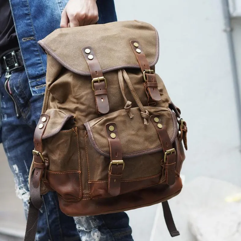Canvas And Leather Backpack Hiking Backpack for Men Waxed Canvas Backpack With Laptop Compartment