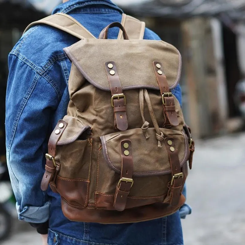 Canvas And Leather Backpack Hiking Backpack for Men Waxed Canvas Backpack With Laptop Compartment
