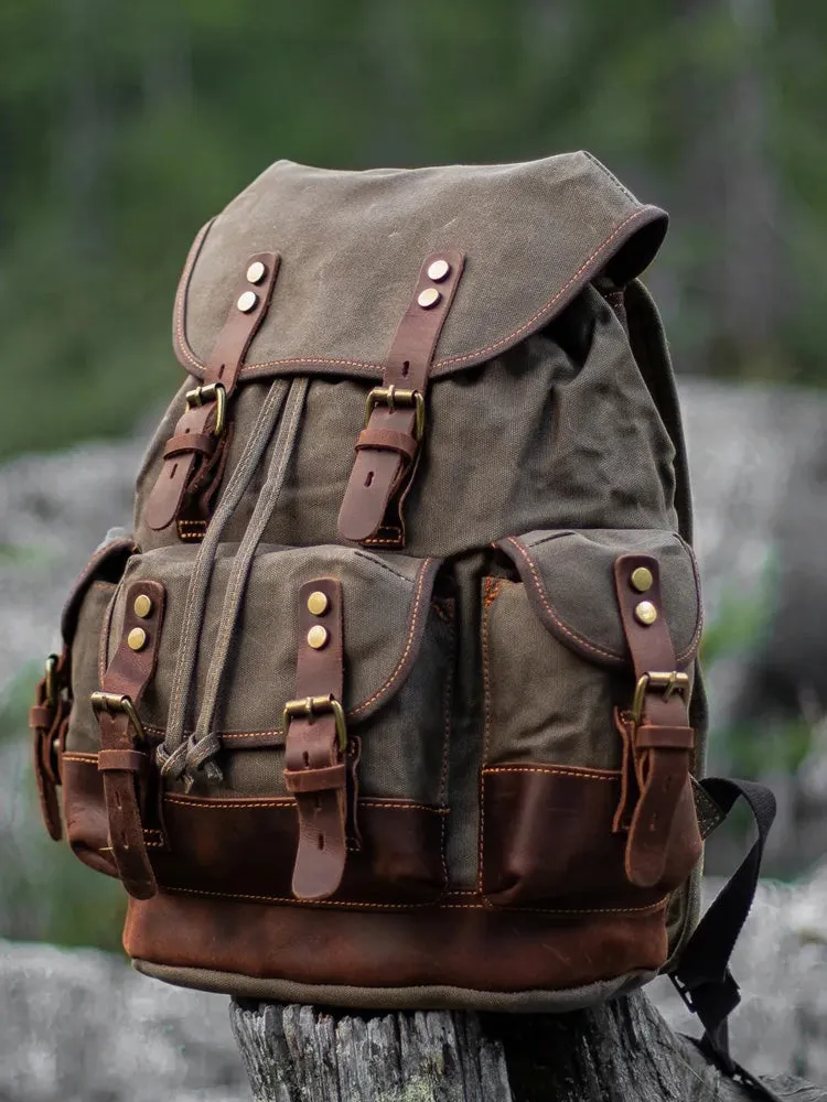 Canvas And Leather Backpack Hiking Backpack for Men Waxed Canvas Backpack With Laptop Compartment