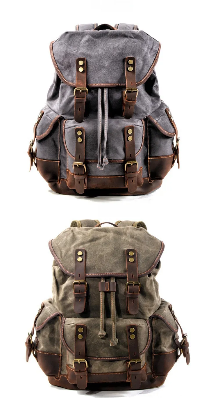 Canvas And Leather Backpack Hiking Backpack for Men Waxed Canvas Backpack With Laptop Compartment