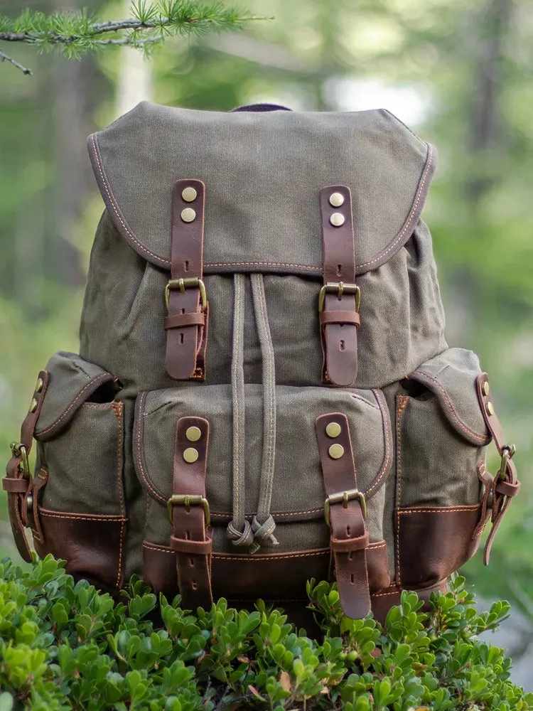 Canvas And Leather Backpack Hiking Backpack for Men Waxed Canvas Backpack With Laptop Compartment