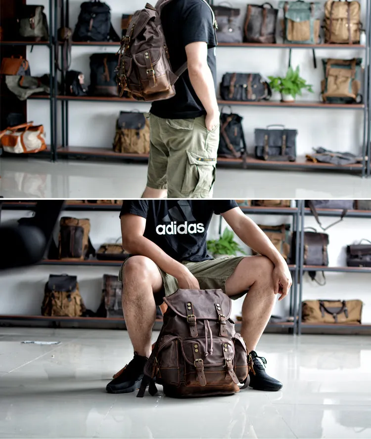 Canvas And Leather Backpack Hiking Backpack for Men Waxed Canvas Backpack With Laptop Compartment