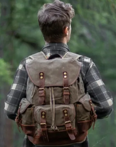 Canvas And Leather Backpack Hiking Backpack for Men Waxed Canvas Backpack With Laptop Compartment