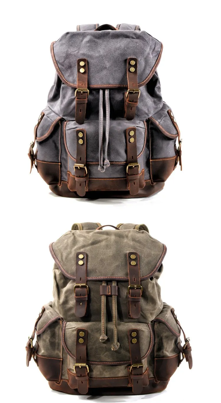Canvas And Leather Backpack Hiking Backpack for Men Waxed Canvas Backpack With Laptop Compartment