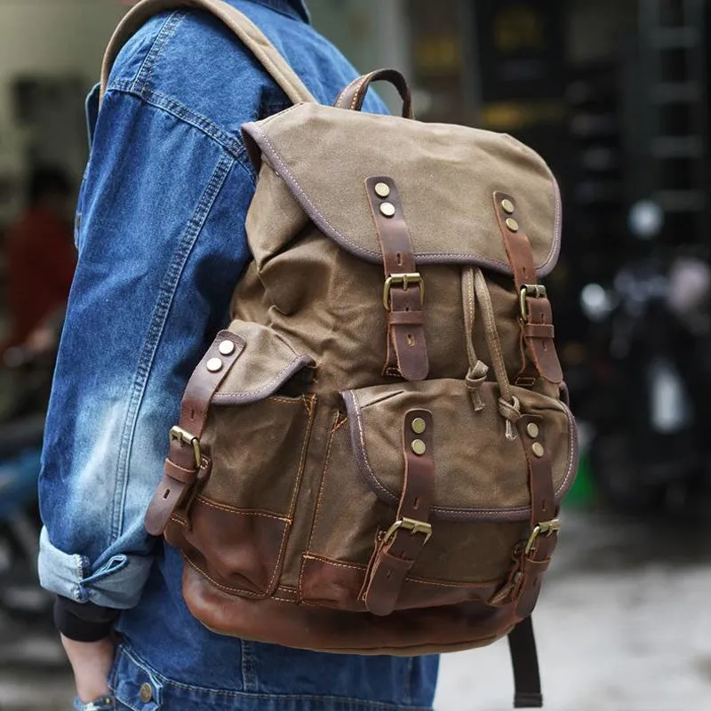 Canvas And Leather Backpack Hiking Backpack for Men Waxed Canvas Backpack With Laptop Compartment