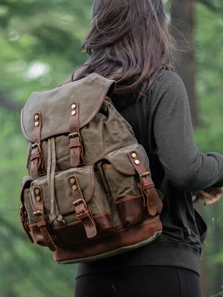 Canvas And Leather Backpack Hiking Backpack for Men Waxed Canvas Backpack With Laptop Compartment