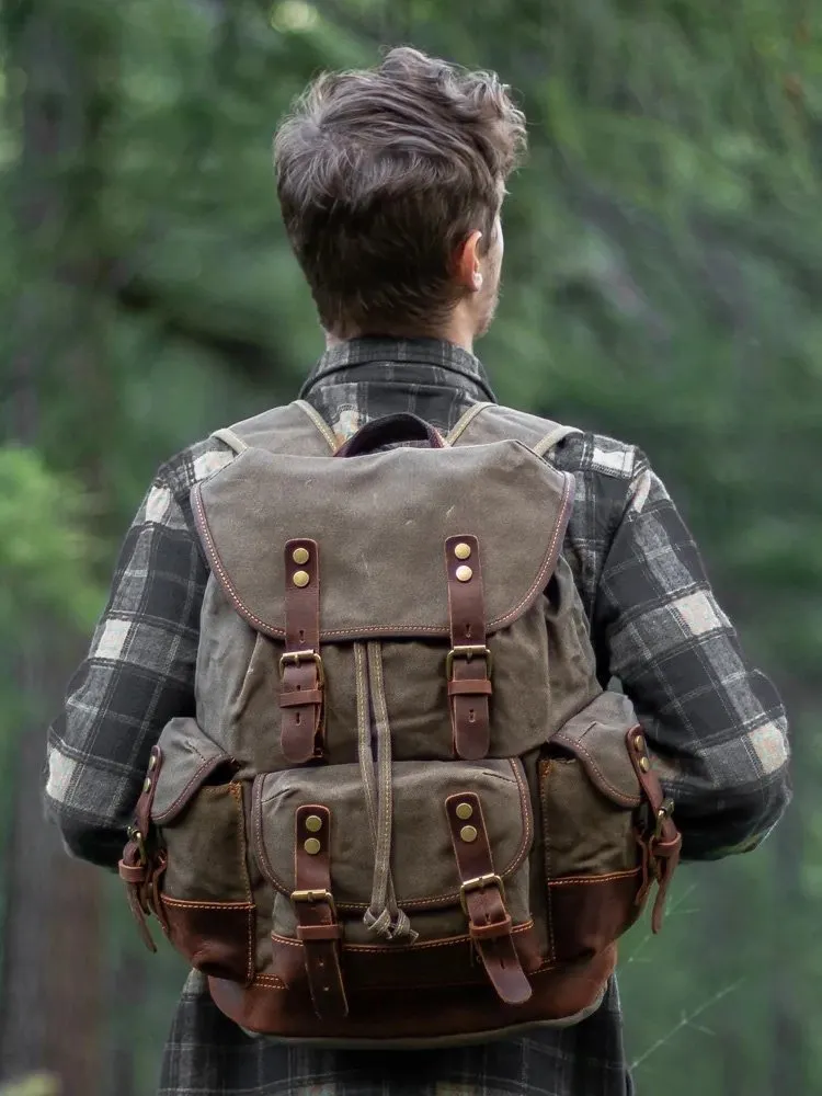 Canvas And Leather Backpack Hiking Backpack for Men Waxed Canvas Backpack With Laptop Compartment