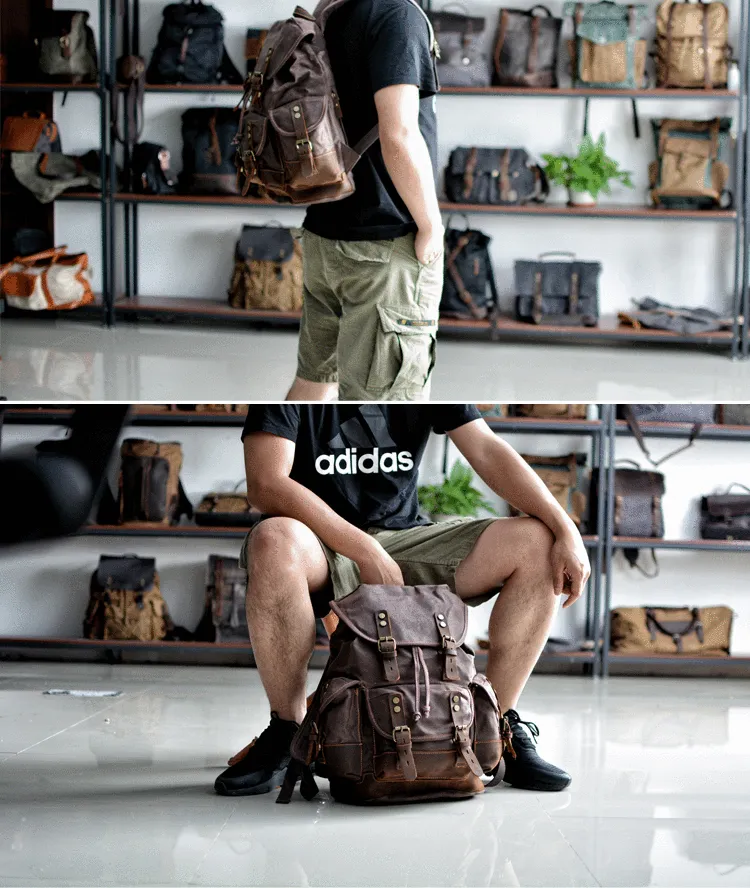 Canvas And Leather Backpack Hiking Backpack for Men Waxed Canvas Backpack With Laptop Compartment