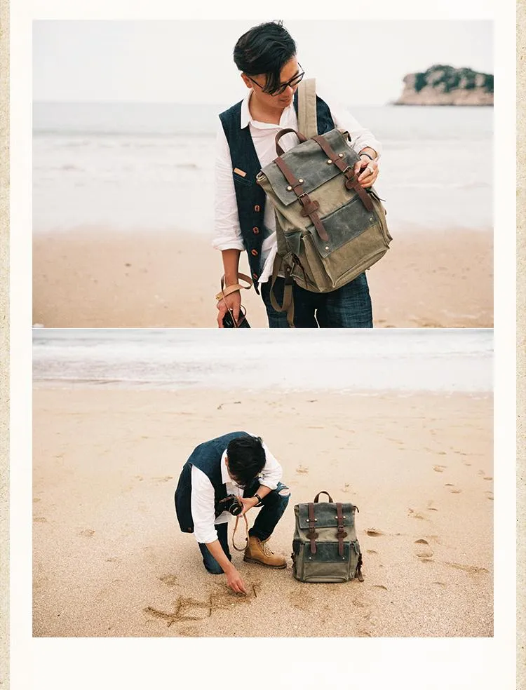 Canvas Leather Mens Backpack 15 inches Travel Green Backpacks Satchel Backpack Canvas School Backpack for Men