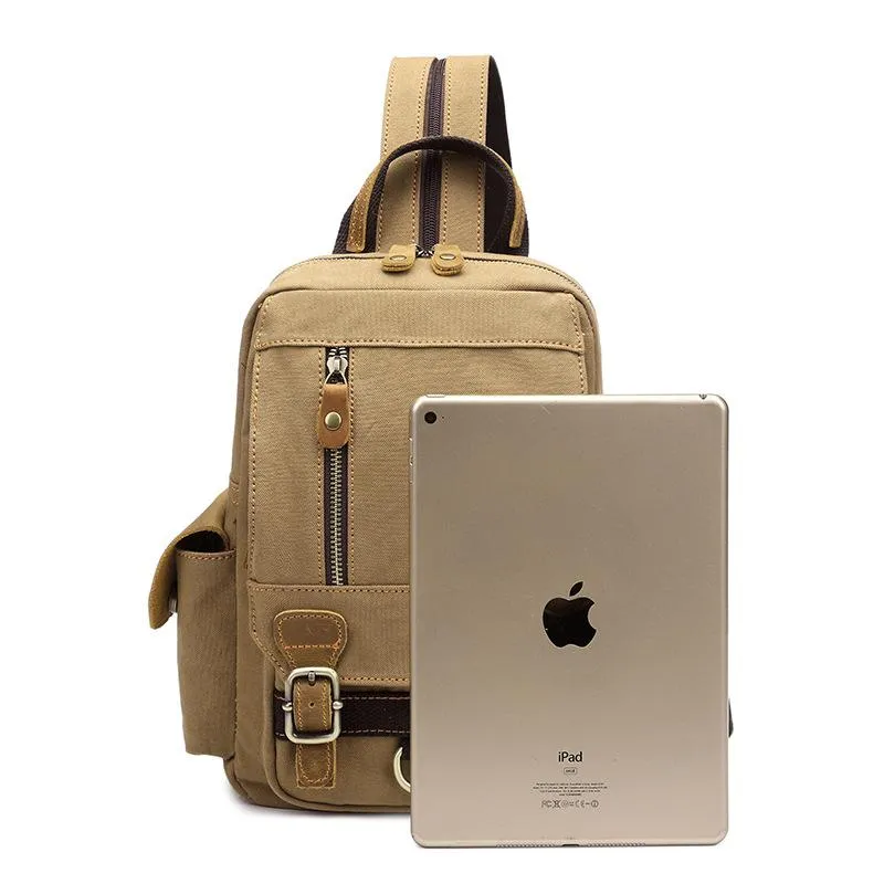 Canvas Leather Mens Mini Sling Bag Khaki Backpack One Shoulder Bag Green for Men