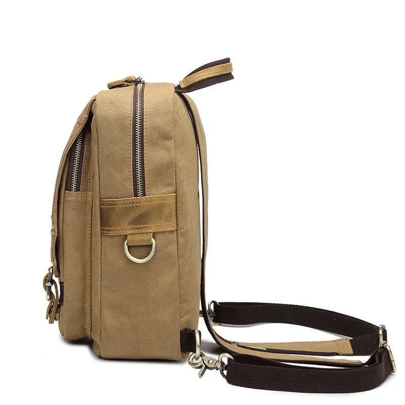 Canvas Leather Mens Mini Sling Bag Khaki Backpack One Shoulder Bag Green for Men