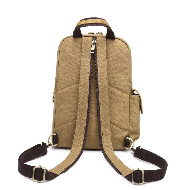 Canvas Leather Mens Mini Sling Bag Khaki Backpack One Shoulder Bag Green for Men