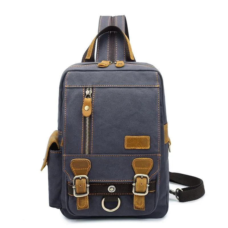 Canvas Leather Mens Mini Sling Bag Khaki Backpack One Shoulder Bag Green for Men