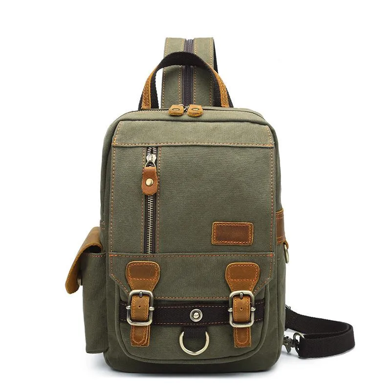 Canvas Leather Mens Mini Sling Bag Khaki Backpack One Shoulder Bag Green for Men