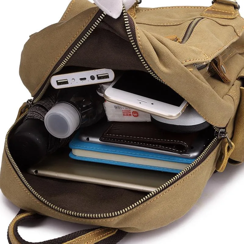 Canvas Leather Mens Mini Sling Bag Khaki Backpack One Shoulder Bag Green for Men